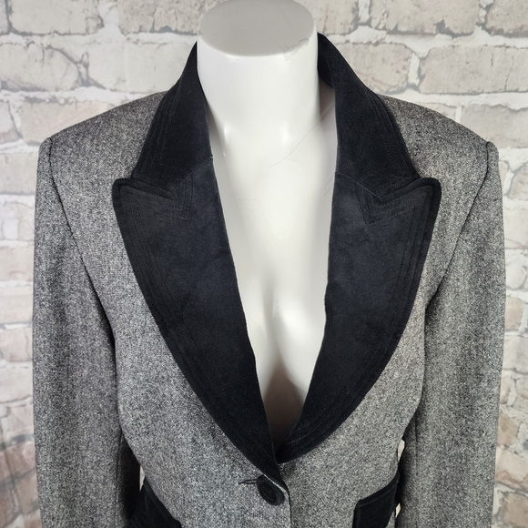 Vintage Louben Wool Tweed Blazer Velvet Accents Black White Size 10 - Picture 4 of 13